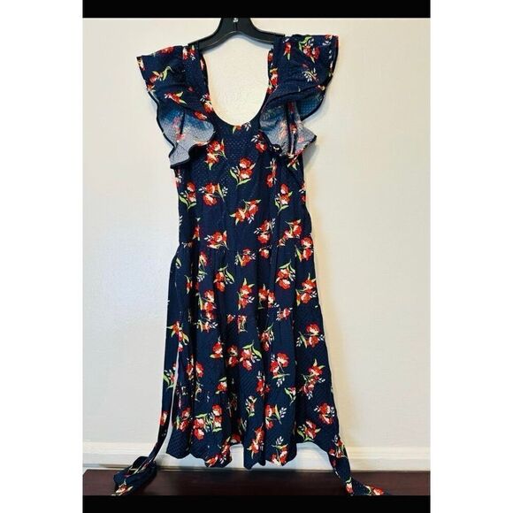 JILL STUART Navy Back Cut Out Floral Cap Sleeve Scoop Neck Short Fit dress sz S - Picture 3 of 6